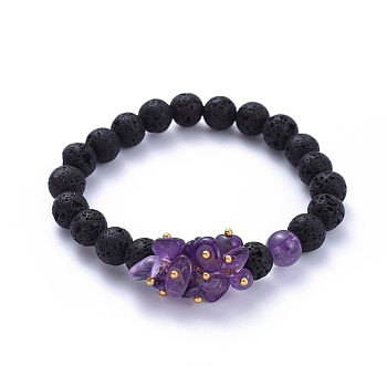 Natural Lava Rock Round Beads Stretch Bracelets, with Natural Amethyst Chips and Brass Beads, Golden, Inner Diameter: 2 inch(5cm)