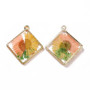Transparent Clear Epoxy Resin Pendants, with Edge Golden Plated Alloy Loops, Rhombus Charms with Inner Flower, Gold, 30x26.5x3mm, Hole: 1.8mm