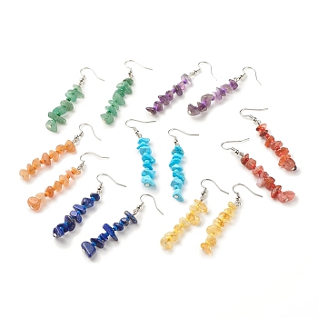 7Pcs 7 Style Natural & Synthetic Mixed Gemstone Chip Beaded Dangle Earrings with Glass, Brass Long Drop Earrings for Women, 60~62x19mm, Pin: 0.6mm, 1 Pairs/style