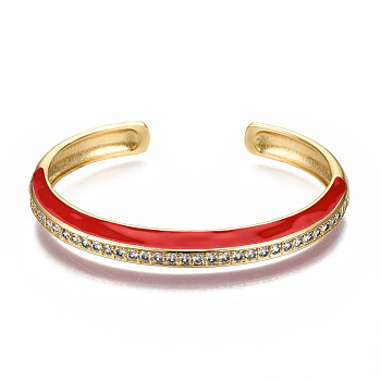 Brass Micro Pave Clear Cubic Zirconia Cuff Bangles, with Enamel, Nickel Free, Real 16K Gold Plated, FireBrick, Inner Diameter: 2-3/8 x1-7/8 inch(5.9x4.7cm)