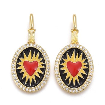 Brass Micro Pave Clear Cubic Zirconia Pendants, with Colorful Enamel, Long-Lasting Plated, Flat Oval with Heart, Golden, 33x15.5x2mm, Hole: 5.5x3mm