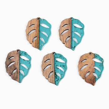Transparent Resin & Walnut Wood Pendants, with Gold Foil, Leaf, Dark Turquoise, 37x28x3mm, Hole: 2mm