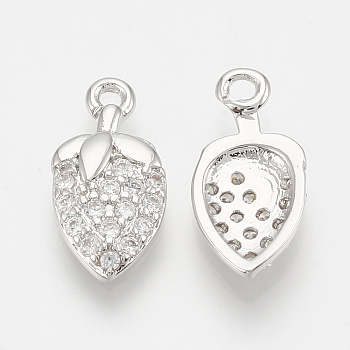 Brass Micro Pave Cubic Zirconia Charms, Strawberry, Nickel Free, Real Platinum Plated, 12x6x2mm, Hole: 1mm