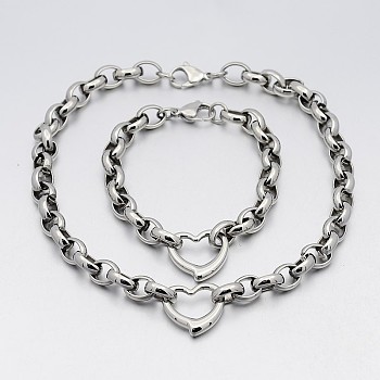304 Stainless Steel Cross Rolo Chain Jewelry Sets, Necklace and Bracelet, with Lobster Claw Clasps and Open Heart Links, Stainless Steel Color, 17 inch, 8-1/4 inch~9 inch(210~230mm)