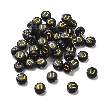 Plating Opaque Acrylic Beads, Golden Metal Enlaced, Flat Round with Letter, Letter U, 7x3.5mm, Hole: 1.2mm, about 3846pcs/500g