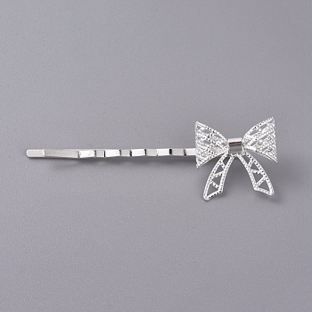 Iron Hair Bobby Pins, with Brass Findings, Bowknot, Silver Color Plated, 62x11mm, Bowknot: 20x20mm