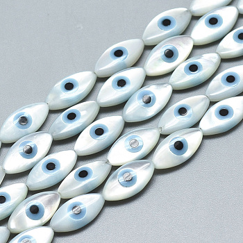 Natural White Shell Mother of Pearl Shell Beads, with Natural Turquoise, Horse Eye with Evil Eye, Deep Sky Blue, 10x5x2mm, Hole: 0.5mm