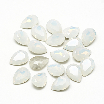 DIY Pointed Back K9 Glass Rhinestone Cabochons, Random Color Back Plated, Faceted, teardrop, White Opal, 14x10x4mm