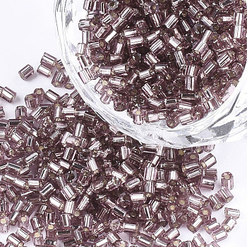 Grade A Glass Seed Beads, Hexagon(Two Cut), Silver Lined, Rosy Brown, 1.5~2.5x1.5~2mm, Hole: 0.8mm, about 2100pcs/bag, 450g/bag