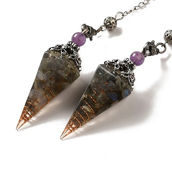 Natural Labradorite Dowsing Pendulum Big Pendants, with Resin, Amethyst & Quartz Crystal, Hexagonal Cone, 300mm, Hole: 1.5mm