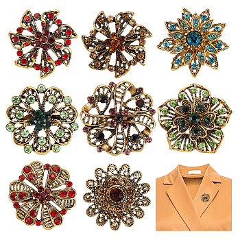 Elite 8Pcs 8 Style Rhinestone Flower Safety Pin Brooch, Antique Golden Plated Alloy Badge for Backpack Clothes, Mixed Color, 32~35x10.5~14mm, pin: 0.6mm, 1pcs/style