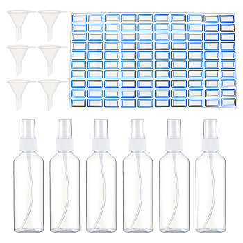 Gorgecraft Liquid Dispensing Kits, including 6Pcs Plastic Spray Bottles, with 6Pcs Plastic Funnels, 1Pc Label Paster, Mixed Color, Bottle: 14.65cm, Capacity: 100ml(3.38fl. oz)