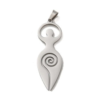 304 Stainless Steel Pendants, Laser Cut, Wicca Spiral Goddess Charm, Stainless Steel Color, 42x13.5x1mm, Hole: 6x3mm