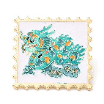 Wavy Rectangle with Dragon Enamel Pins, Light Gold Plated Alloy Brooch, Chinese Style Zodiac Sign Badge, Turquoise, 30x30x1.5mm
