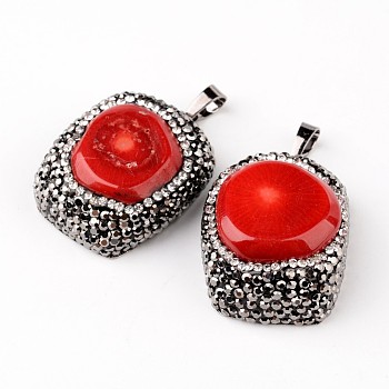 Rectangle Coral Polymer Clay Rhinestone Pendants, with Platinum Plated Brass Findings, 31~33x24~25x8~17mm, Hole: 5x7.5mm