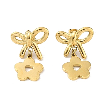 304 Stainless Steel Stud Earrings, Bowknot and Flower Dangle Earrings for Women, Real 18K Gold Plated, 30x20mm