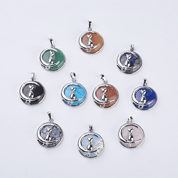 Fashion Natural & Synthetic Mixed Stone Kitten Pendants, with Brass Findings, Flat Round with Cat & Crescent Moon Shape, Platinum, 32x27.5x10mm, Hole: 5x7mm