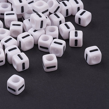 Chunky Letter I Acrylic Cube Beads for Kids Jewelry, Horizontal Hole, White, Size: about 7mm wide, 7mm long, 7mm thick, hole: 3.5mm, about 200pcs/50g