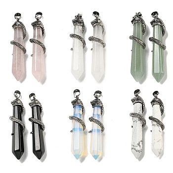 Natural & Synthetic Gemstone Pointed Big Pendants, Rack Plating Brass Snake Wrapped Faceted Bullet Charms, Antique Silver, Cadmium Free & Lead Free, Mixed Dyed and Undyed, 60.5x11.5x14mm, Hole: 8x5mm