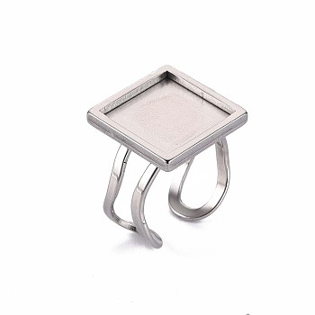 201 Stainless Steel Cuff Pad Ring Settings, Laser Cut, Square, Stainless Steel Color, Tray: 14x14mm, US Size 7 1/4(17.5)~US Size 8(18mm)