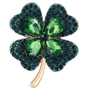 Cubic Zirconia Clover Brooch Pin, Golden Alloy Badge for Backpack Clothes, Green, 42x50mm