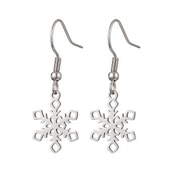 Non-Tarnish Hollow Christmas Snowflake 201 Stainless Steel Dangle Earrings for Women, Stainless Steel Color, 35x12.8mm, 5Pair/set