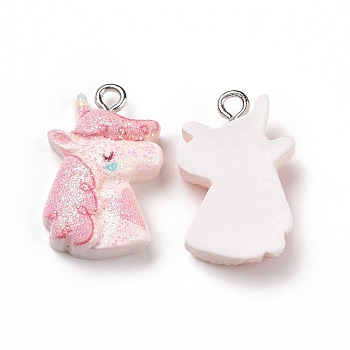 Opaque Resin Pendants, with Glitter Powder and Platinum Tone Iron Loops, Unicorn Charm, Pink, 22x14.5x6mm, Hole: 2mm
