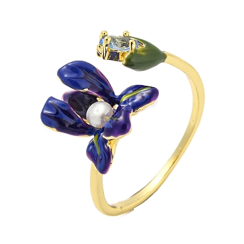 Flower Brass Enamel Open Cuff Rings, Natural Pearl & Glass Finger Ring, Real 14K Gold Plated, US Size 7 1/4(17.5mm)