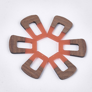 Resin & Walnut Wood Pendants, Trapezoid, Coral, 37~37.5x27~27.5x3~3.5mm, Hole: 2mm