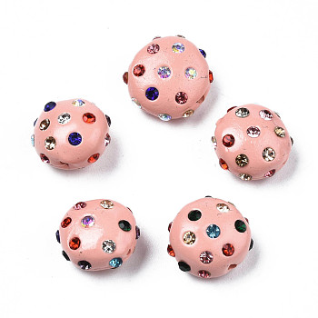Polymer Clay Rhinestone Beads, Pave Disco Ball Beads, Flat Round, Pink, 11~12x7mm, Hole: 1.4mm, Rhinestone: pp15(2.1~2.2mm)