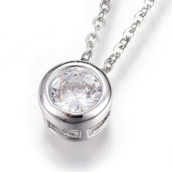 304 Stainless Steel Pendant Necklaces, with Cubic Zirconia, Flat Round, Clear, Stainless Steel Color, 17.7 inch(45.2cm)