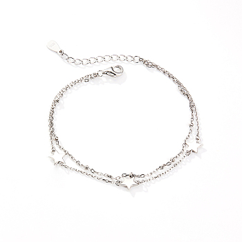 S925 Sterling Silver Double Layer Bracelets for Women, Star Charm, Silver, 6-3/4 inch(17cm)