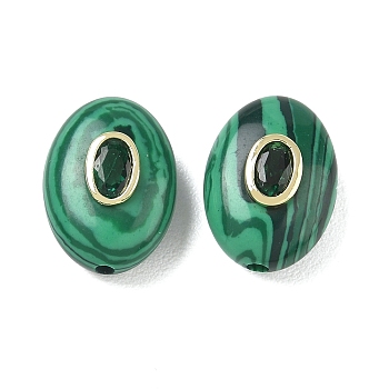 Synthetic Malachite Beads, Flat Oval with Brass Pave Cubic Zirconia Findings, Golden, 18.5x13.5x9mm, Hole: 1.8mm