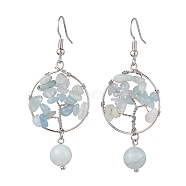 Natural Aquamarine Dangle Earrings, with Brass Earring Hooks, Tree of Life, 57x23.5mm(EJEW-JE05747-05)