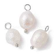 Natural Pearl Potato Charms, with Brass Loops, Platinum, 13~15x6~8x6mm, Hole: 2.8mm, 3pcs/set(PALLOY-JF02199-02)