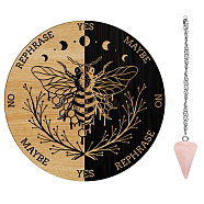 AHADERMAKER 1Pc Wood Pendulum Board, 1Pc 304 Stainless Steel Cable Chain Necklaces, 1Pc Natural Rose Quartz Stone Pendants, for Witchcraft Wiccan Altar Supplies, Bees Pattern, Board: 200x4mm(DIY-GA0005-19A)