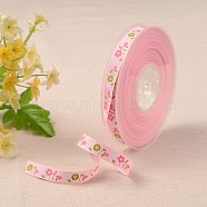 Flower Pattern Printed Grosgrain Ribbon, for Gift Packing, Pink, 3/8 inch(10mm), about 100yards/roll(91.44m/roll)(SRIB-N001-04B)