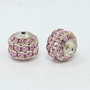 Brass Rhinestone Beads, Grade A, Rondelle, Silver Color Plated, Pink, Size: about 17mm in diameter, 14mm thick, hole: 1.5mm(RB-H044-3)