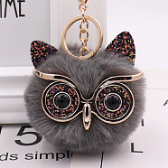 Pom Pom Ball Keychain, with KC Gold Tone Plated Alloy Lobster Claw Clasps, Iron Key Ring and Chain, Owl, Gray, 12cm(KEYC-PW0002-033N)