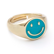 Adjustable Brass Enamel Finger Rings, Long-Lasting Plated, Smiling Face, Real 18K Gold Plated, Deep Sky Blue, US Size 7 1/4(17.5mm)(RJEW-Z006-E-02)