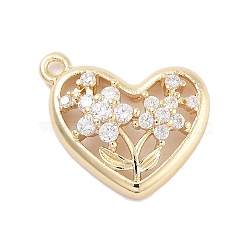 Brass Pave Clear Cubic Zirconia Pendants, Heart with Flower, Long-Lasting Plated, Real 14K Gold Plated, 18.5x19x6mm, Hole: 1.6mm(KK-Z061-07G)