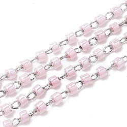 TOHO Japan Import Seed Beads, Handmade Glass Beaded Chains, Soldered, Opaque Colours Lustered, with Stainless Steel Findings, Column, Stainless Steel Color, Pink, 2mm, about 26.24 Feet(8m)/strand(CHS-S004-03C)