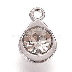 Faceted Glass Charms, with Platinum Plated Alloy Findings, Teardrop, April Birthstone Charms, Crystal, 11.3x7.2x4.2mm, Hole: 1.2mm(RGLA-TAC0001-01B)