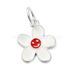 925 Sterling Silver Enamel Smiling Face Flower Charms, with Jump Rings & 925 Stamp, Silver Color Plated, Red, 14.5x12x1mm, Hole: 4mm(STER-M119-06B-S)