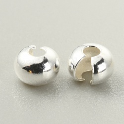 925 Sterling Silver Crimp Beads Covers, Flat Round, Silver, 5.5x4mm, Hole: 1.8mm(FIND-WH0120-53C)