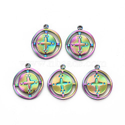 201 Stainless Steel Pendants, Hollow, Flat Round with Cross, Rainbow Color, 17x13.5x2mm, Hole: 1.4mm(STAS-S119-050)