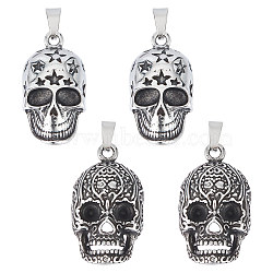 4Pcs 2 Styles Titanium Steel Pendants, Skull Charm, Antique Silver, 36x19.5~20x10~10.5mm, Hole: 9x4mm, 2pcs/style(STAS-UN0054-69)