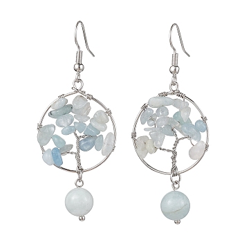 Natural Aquamarine Dangle Earrings, with Brass Earring Hooks, Tree of Life, 57x23.5mm