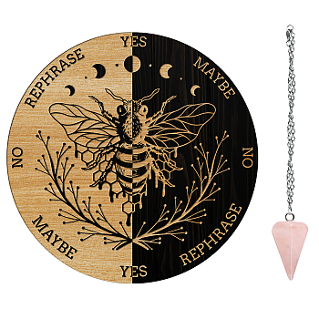 AHADERMAKER 1Pc Wood Pendulum Board, 1Pc 304 Stainless Steel Cable Chain Necklaces, 1Pc Natural Rose Quartz Stone Pendants, for Witchcraft Wiccan Altar Supplies, Bees Pattern, Board: 200x4mm