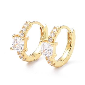 Brass Inlaid Cubic Zirconia Hoop Earrings, Real 18K Gold Plated, Square, Cadmium Free & Lead Free, Clear, 15x13x5mm, Pin: 1mm